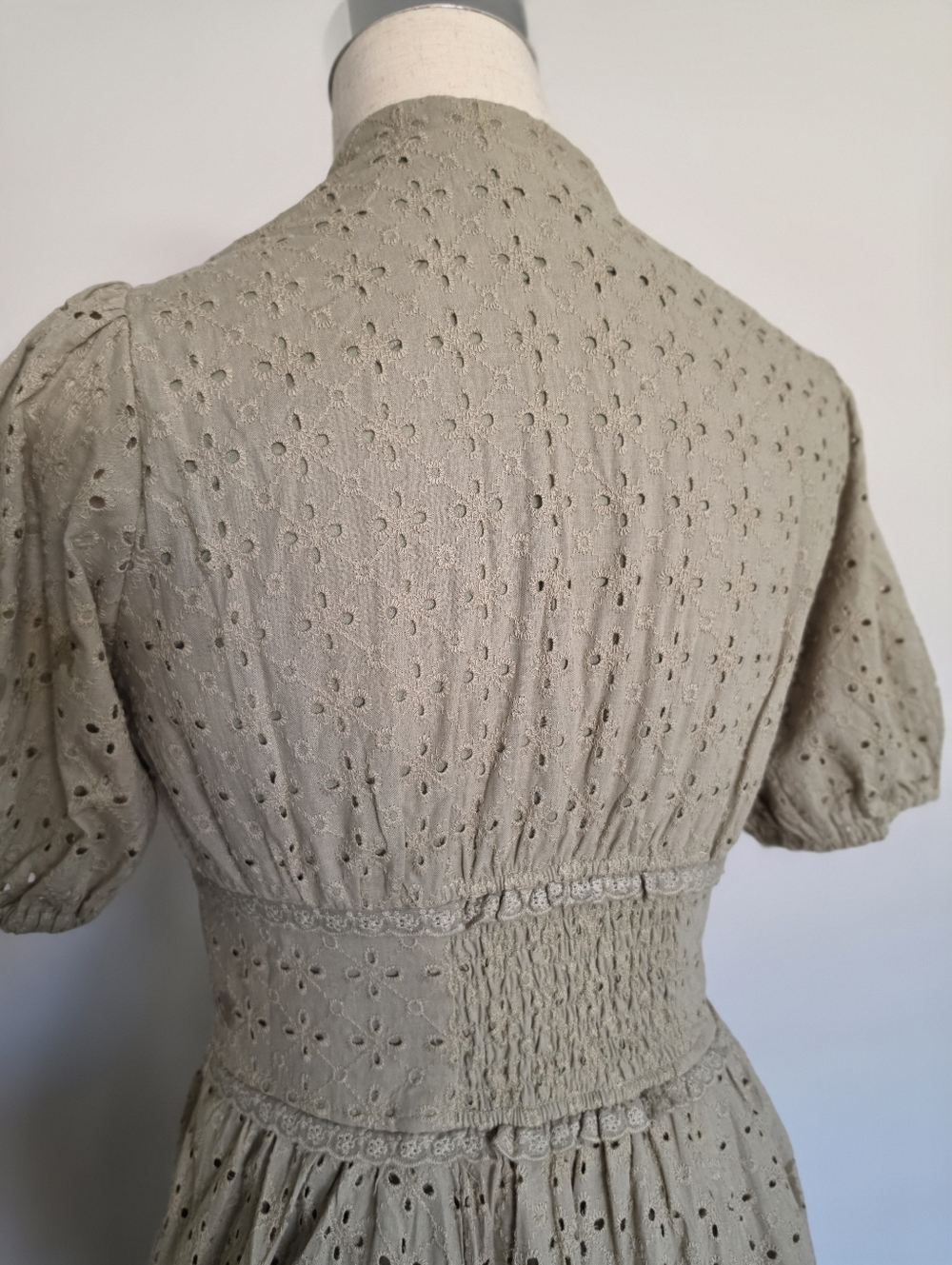 Cotton Eyelet Button Down Dress Olive Green - Picture 8 of 17